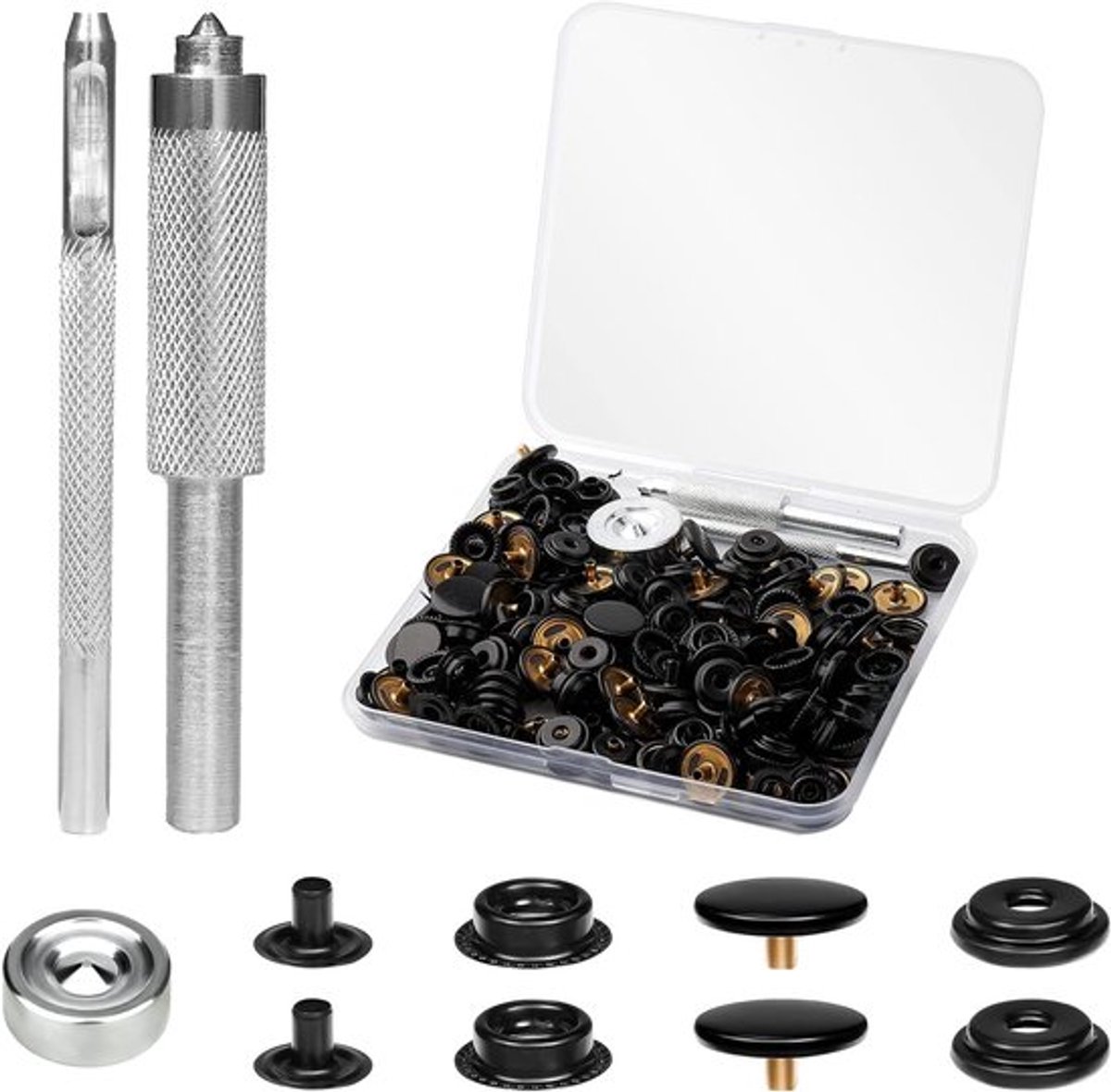 200 Stuks 15mm Metaal Drukknopen Set voor Leder, Kleding en Tassen - Rvs Snap Buttons voor Naaiwerk en Reparaties (Zwart)