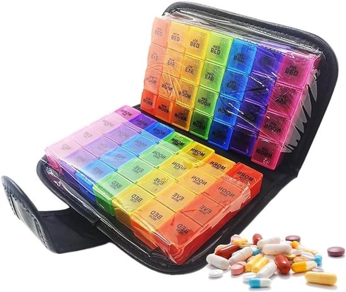 Pillendoos voor 14 dagen met 4 vakken, kleurrijke medicijndoos voor tabletten, vitamines en supplementen, ideaal voor ochtend, middag, avond en nacht gebruik