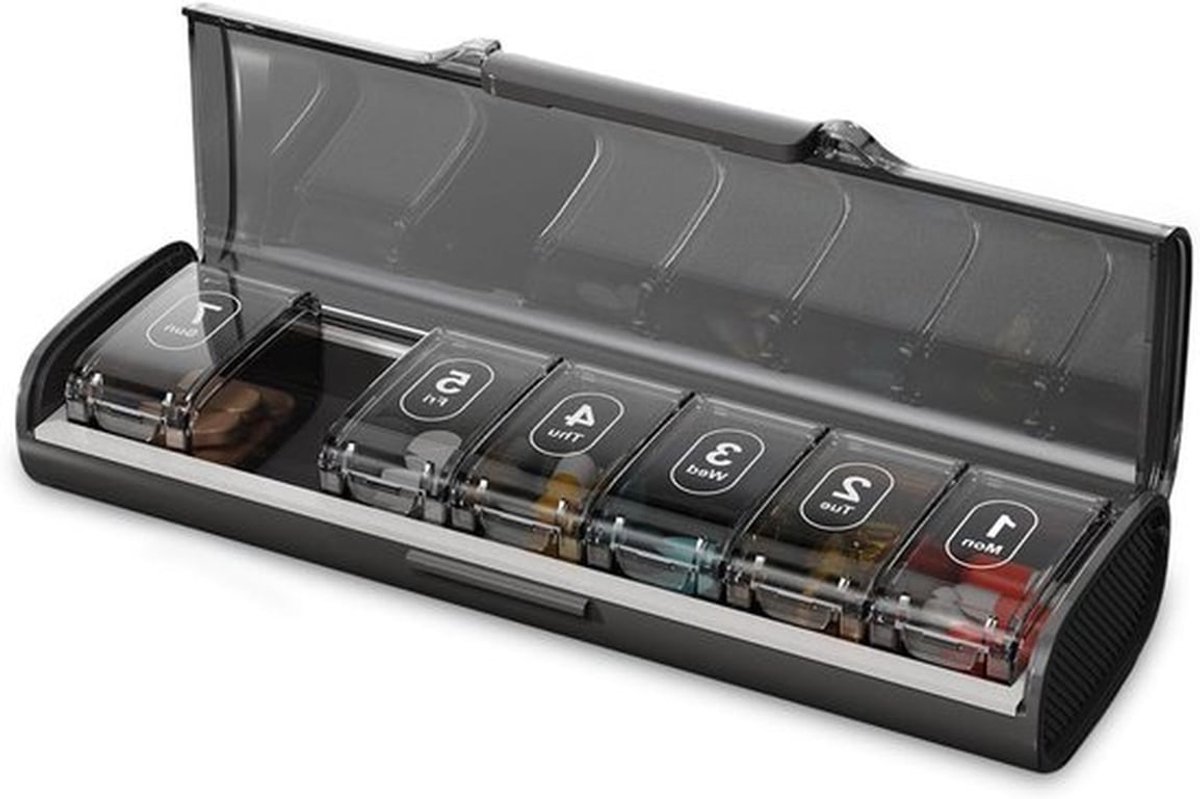Tablettenbox voor medicijnen en voedingssupplementen, weekdoos met grote vakken, pillendoos voor vitaminen en visolie (zwart)