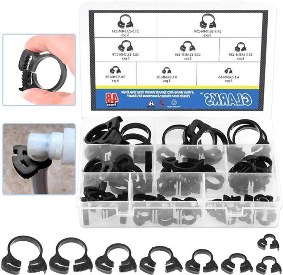Set van 48 Zware Dubbelzijdige Nylon Slangklemmen, 6.6–27.2 mm, Robuuste Plastic Sluiting en Assortiment voor Diverse Toepassingen