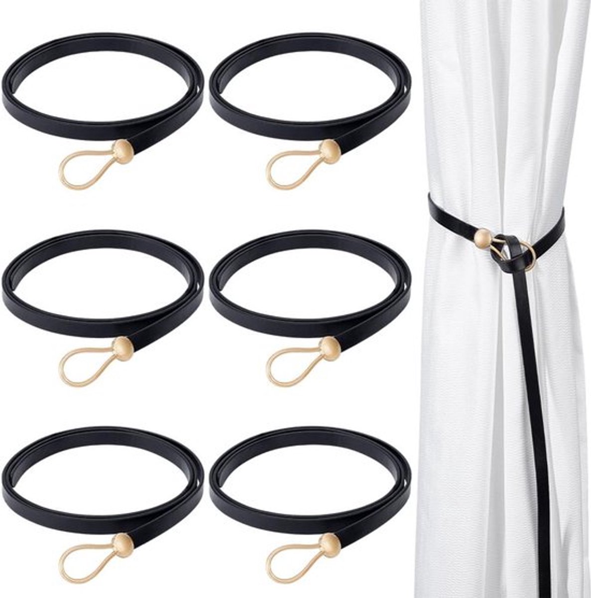 Set van 6 Leren Gordijnhouders zonder Boren, Minimalistisch Design voor Raamdecoratie, Draperie en Kantoorinterieur, Zwart