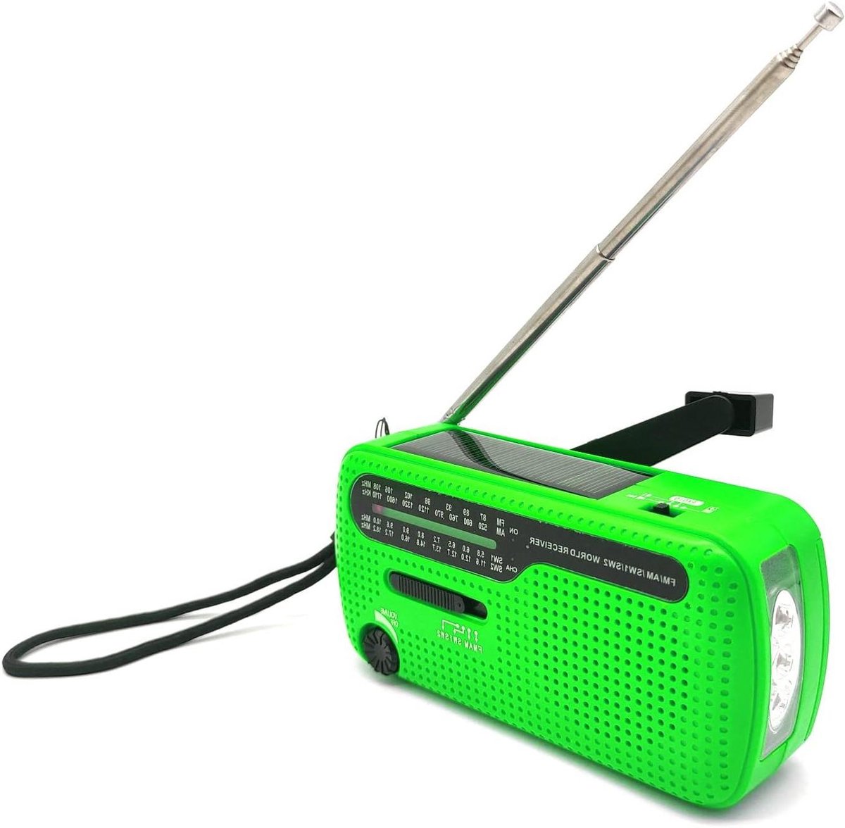Noodradio Zaklamp - Wereldband Ontvanger - Noodsituaties Voorbereiden - Dynamo en Zonnepaneel - 138 cm lengte - Groen