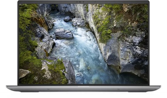 Laptop met beeld van een stroom in een bosrijke kloof op het scherm.