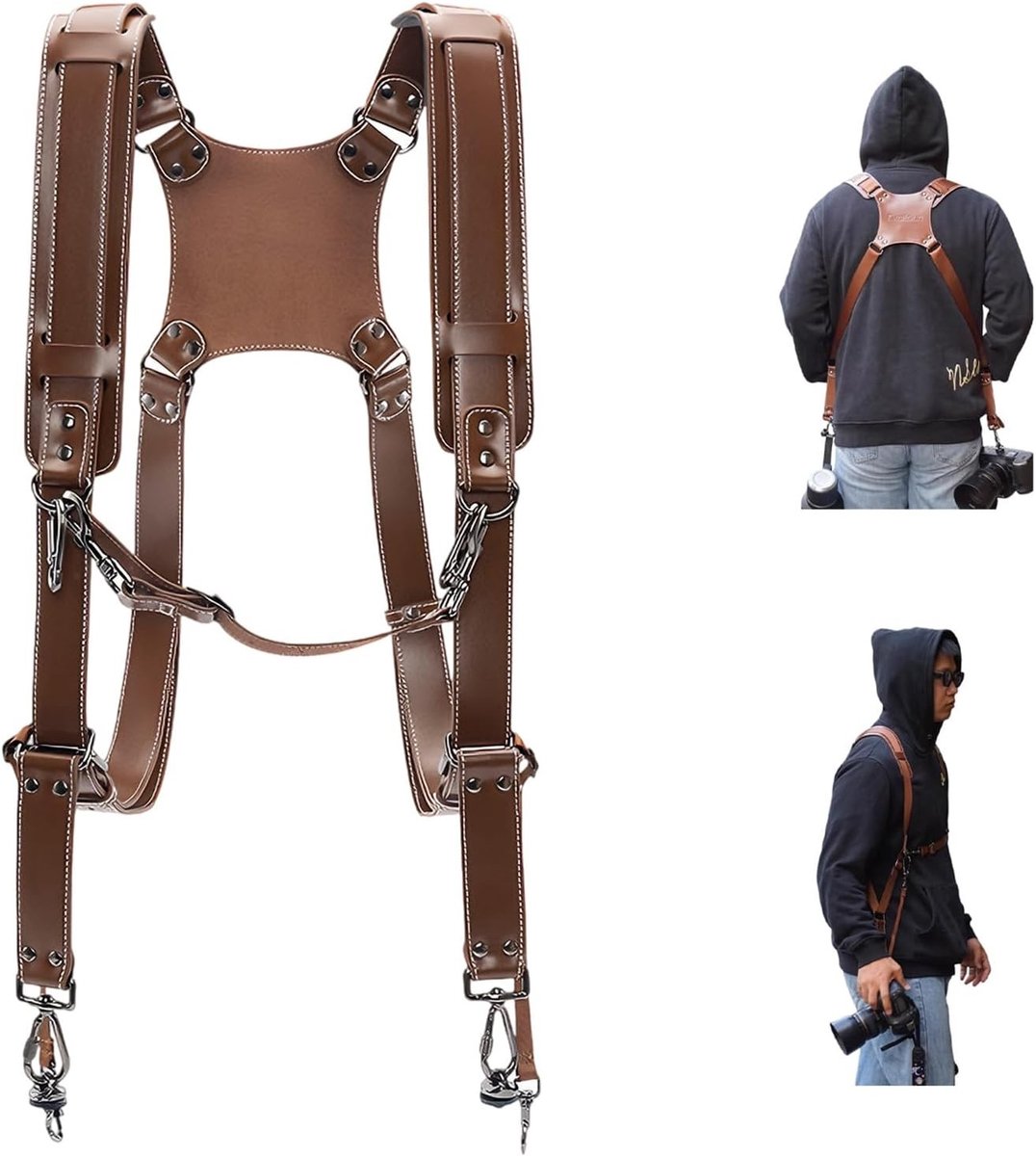 Verstelbare Dubbele Schouderriem voor Camera's, Leer, Ideaal voor Fotografen, Camera Accessoires, Comfortabele Draagoplossing