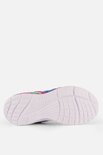 Witte buitenzool van een paarse sneaker met regenboogkleurige accenten.