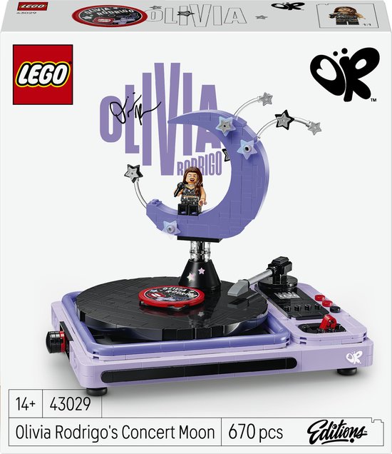 Doos met LEGO Olivia Rodrigo's Concertmaan set: paarse platenspeler, maan met sterren, Olivia figuur, 670 stukjes.