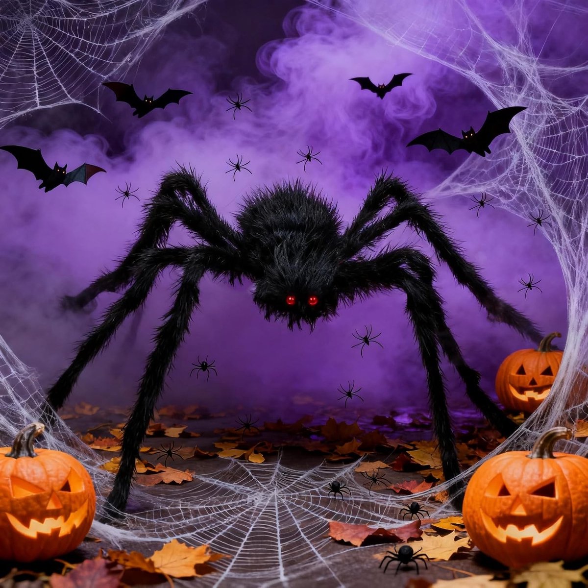 Spinnendecoraties, enorme zwarte spin, 200 cm, Halloween-decoratie + 60 g rekbare witte spinnenwebben + 10 nepspinnen, voor Halloweenfeestdecoratie van tafel, huis en tuin