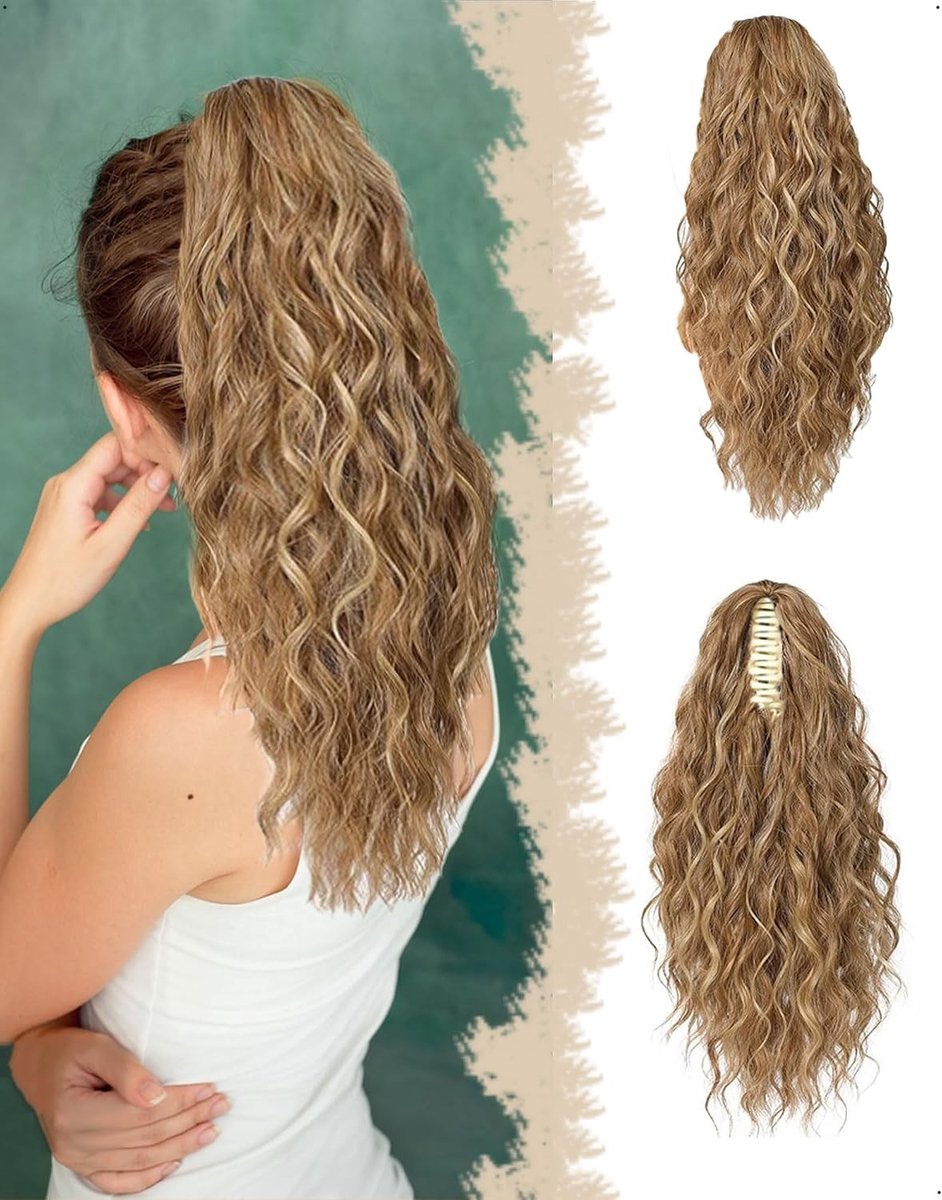 Ponytail Haarstuk van 18 Inch, Clip-in Natuurlijke Gelaagde Krullende Synthesewig voor Vrouwen, Bruin Blond, Perfect voor Feestjes en Dagelijks Gebruik