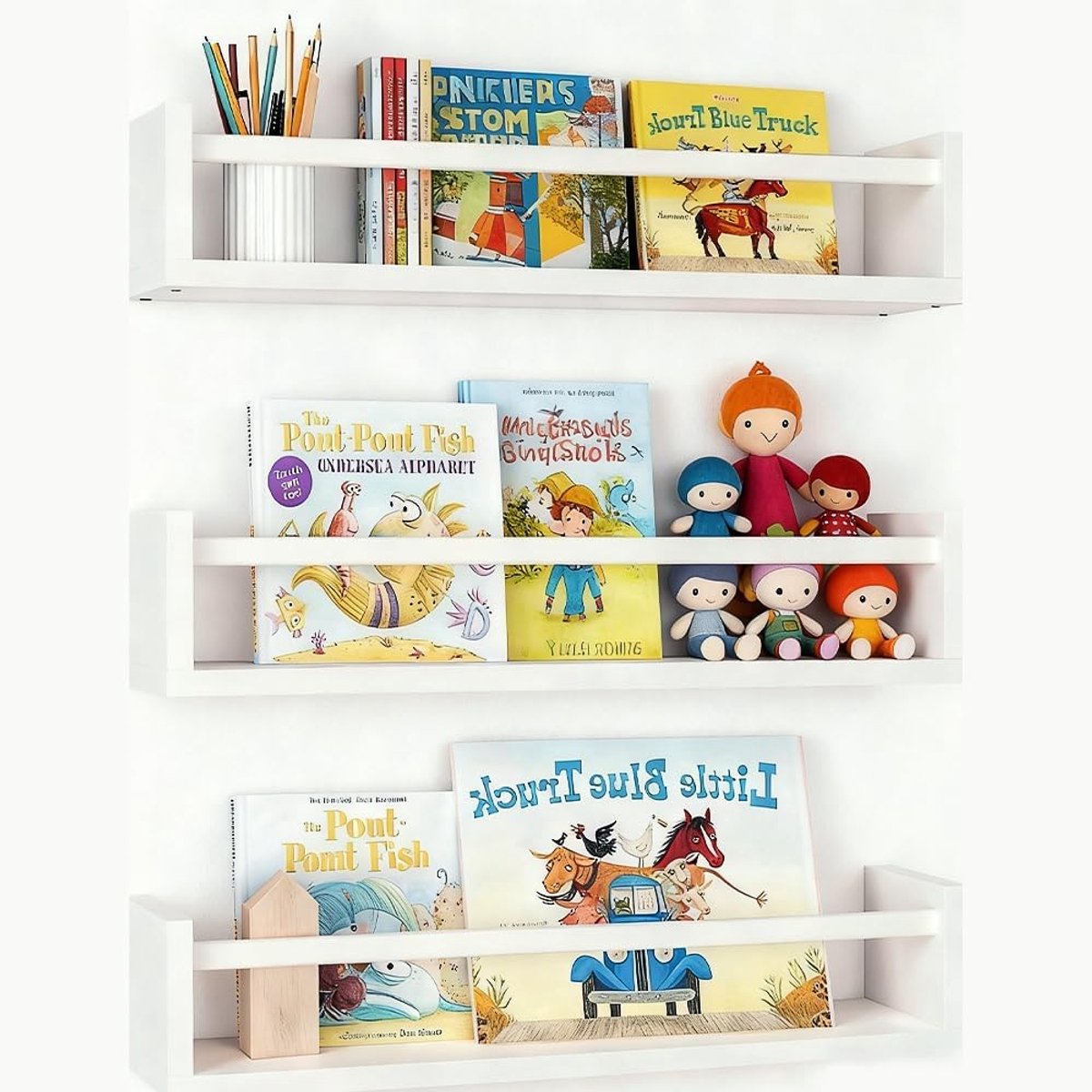 Muurplanken voor Kinderkamer, 3-delige Wandboekenkast van 42 cm, Stevige Houten Planken voor Speelkamer en Woonkamer, Decoratieve Opbergoplossing voor Boeken en Speelgoed