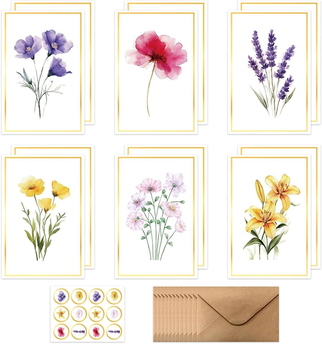 Bloemen Wenskaarten - Vouwkaarten Set - Geleentheden Vieren - Levendig Bloemenontwerp - 15 x 10 cm - Beige