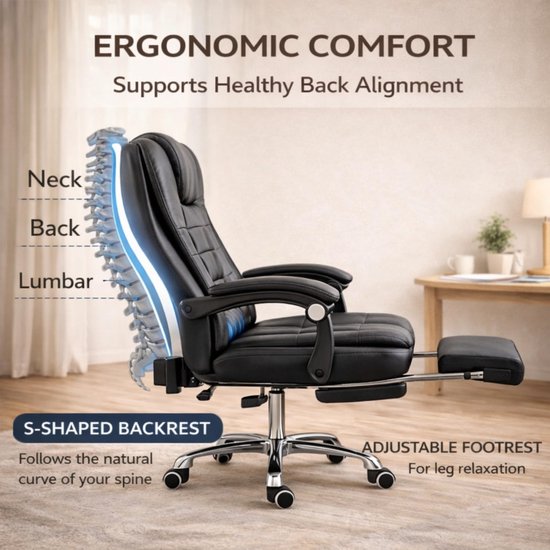 SnelShoppen - Ergonomische Gamingstoel met Voetsteun, Hoge Rug, Lederen Bureaustoel, Comfortabele Executive Ligstoel met 2-Punts Massage, 360° Draaiba van snelshoppen — afbeelding 4