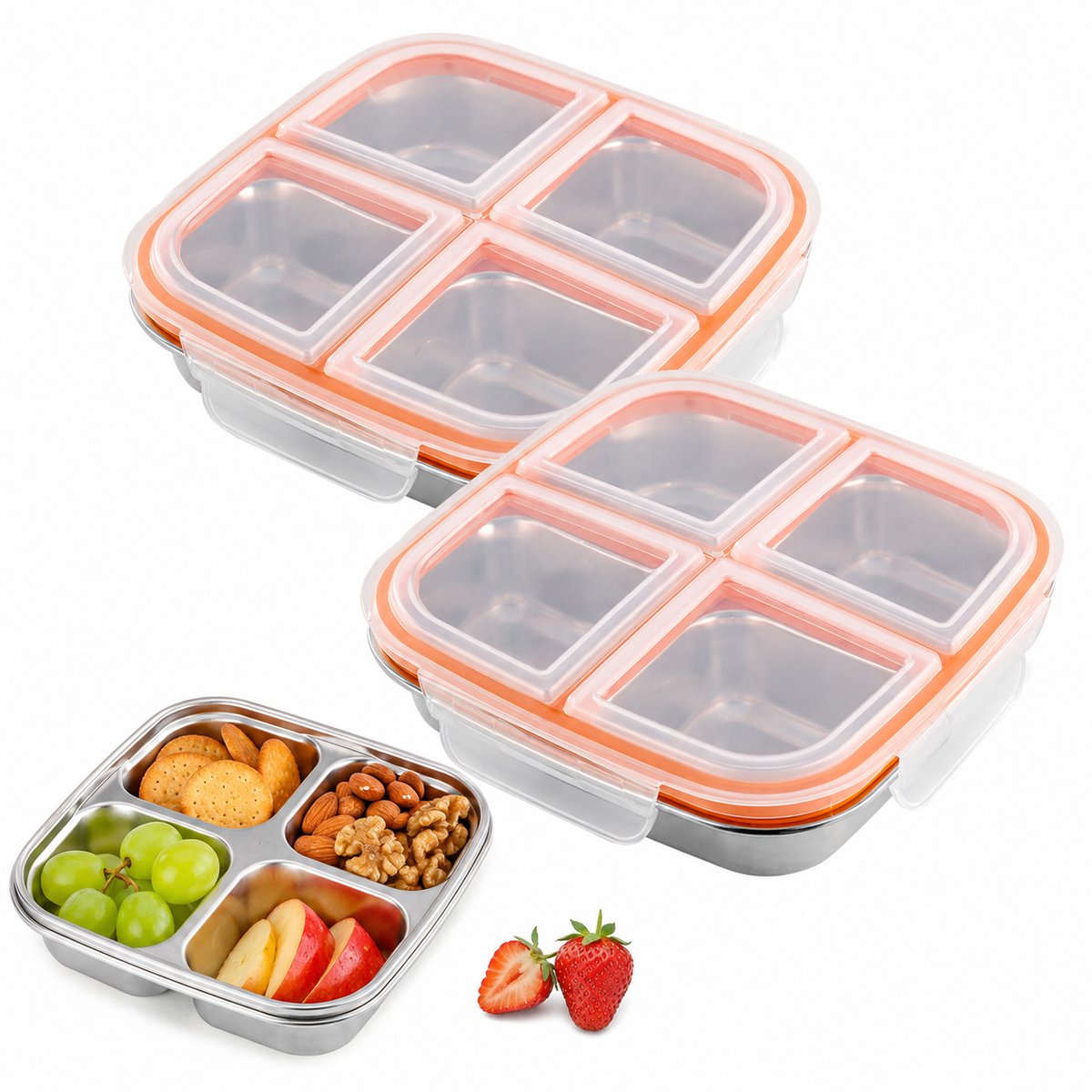 RVS Lunchtrommel Set van 2 - Lekvrije Snackbox met 4 Vakken - 600 ml Bento Box voor School, Werk en Picknick - Wit