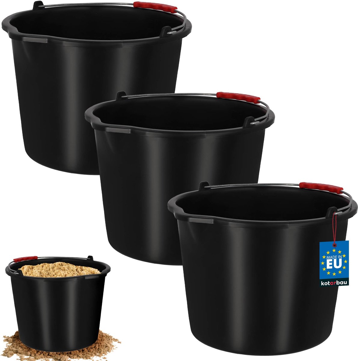 KOTARBAU® 3 Stuks - Bouwemme 12 L - Mortelemmer van Kunststof - Cementemmer - Emmer met Uitgiettuit en Handgreep - Emmer voor Bouwplaats - Zwart