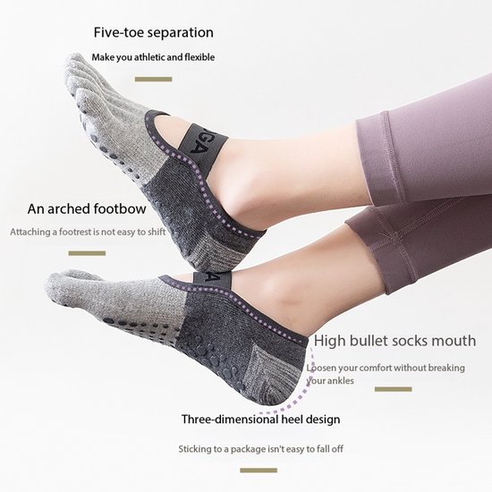 5-delige Antislip yogasokkenYogasokken - Sokken - Antislip Sokken - Barre Sokken, Siliconen Greep, Ademend Weefsel,Toepasselijke maten 35-39 - Katoen - Eén Maat - Geschikt voor yoga, pilates, fitness en thuisgebruik - Zwart,Groen, Paars, Rood, Grijs — afbeelding 3