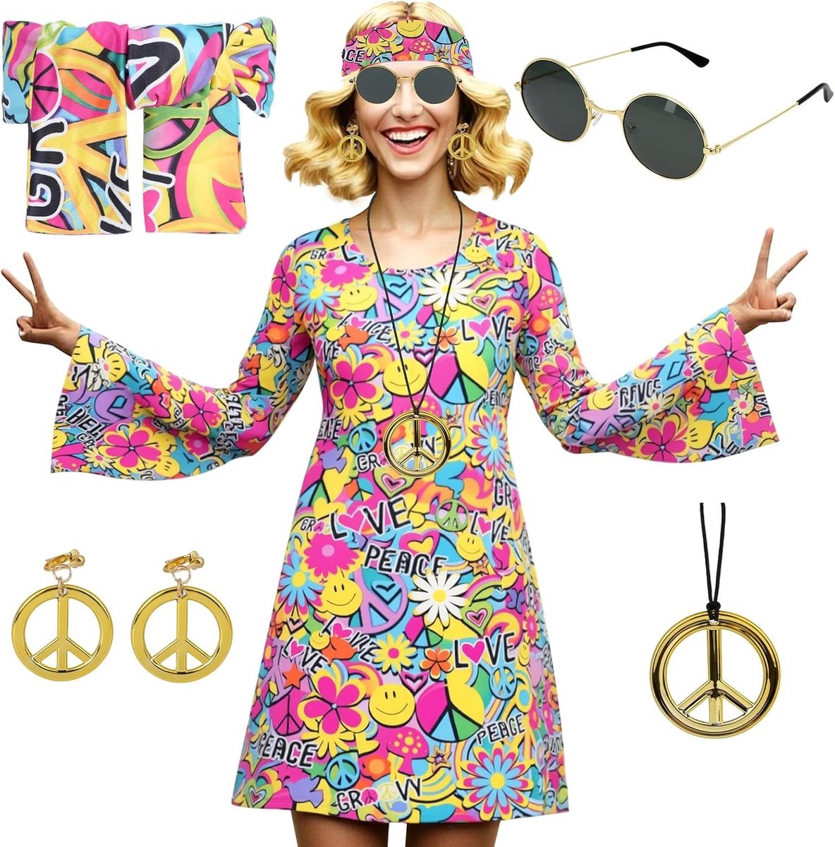 Retro Hippie Jurk voor Vrouwen met Kettingoorbellen en Zonnebril - 60s 70s Kostuum voor Halloween, Carnaval en Cosplay Feestjes