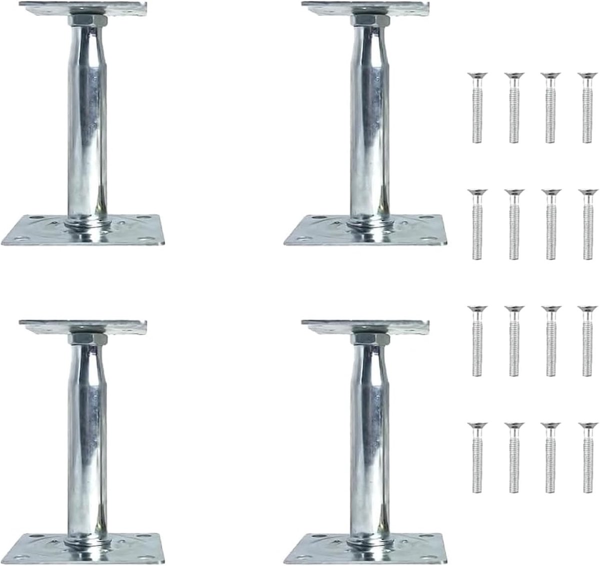 Set van 4 Verstelbare Poststeunen van Gegalvaniseerd Staal voor Tuinhekken, Carports en Pergola's, Hoogte-instelbare Ondersteuningspoten met Vloerbasis