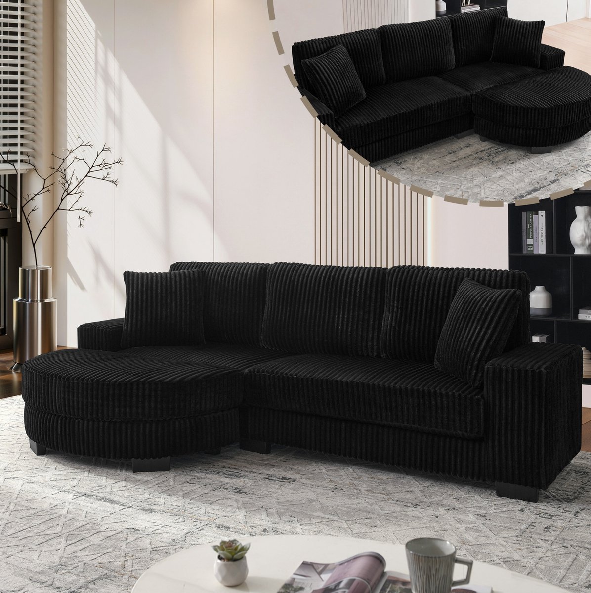 MEUNIQ L-vormige hoekbank 256,5 x 133,5 x 89 cm, 4-zits, modulaire opstelling met verplaatsbare ovale hocker, corduroy, zwart