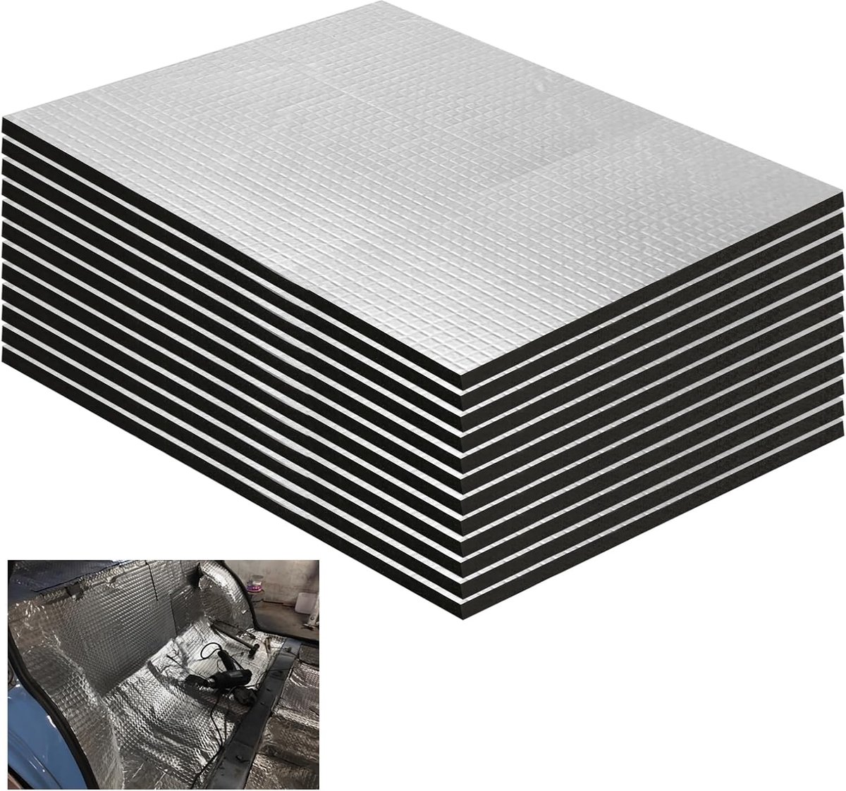 Geluidsisolatiepanelen voor de auto – 10 stuks – Auto Geluidsisolatie Mat – Schuim met hoge dichtheid – Zelfklevend aluminiumfolie butylrubber – Geschikt voor deuren, motorkappen en chassis – 25 x 18 x 0,5 cm – Zilver