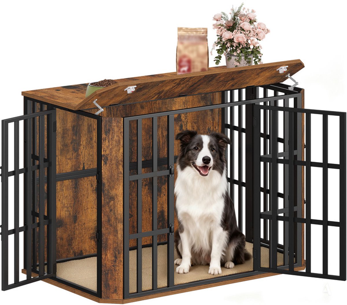 Hzuaneri Hondenbench, meubel, zeer belastbaar, hondenbox van hout voor binnen, met voederdeur boven, meerdeurdesign, grote hondenkooi, bijzettafel, 108 x 66 x 77 cm, Vintage Bruin