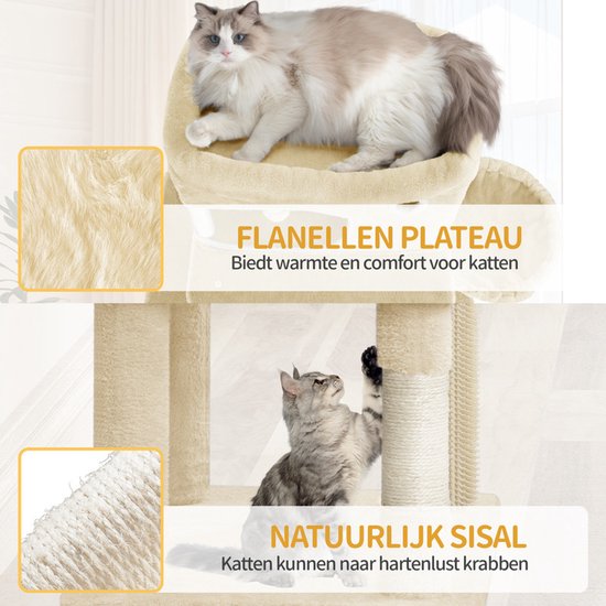 Kattenkrabpaal met beige flanellen plateau en natuurlijke sisalpalen. Een kat zit op het plateau, een andere krabt aan een sisalpaal.