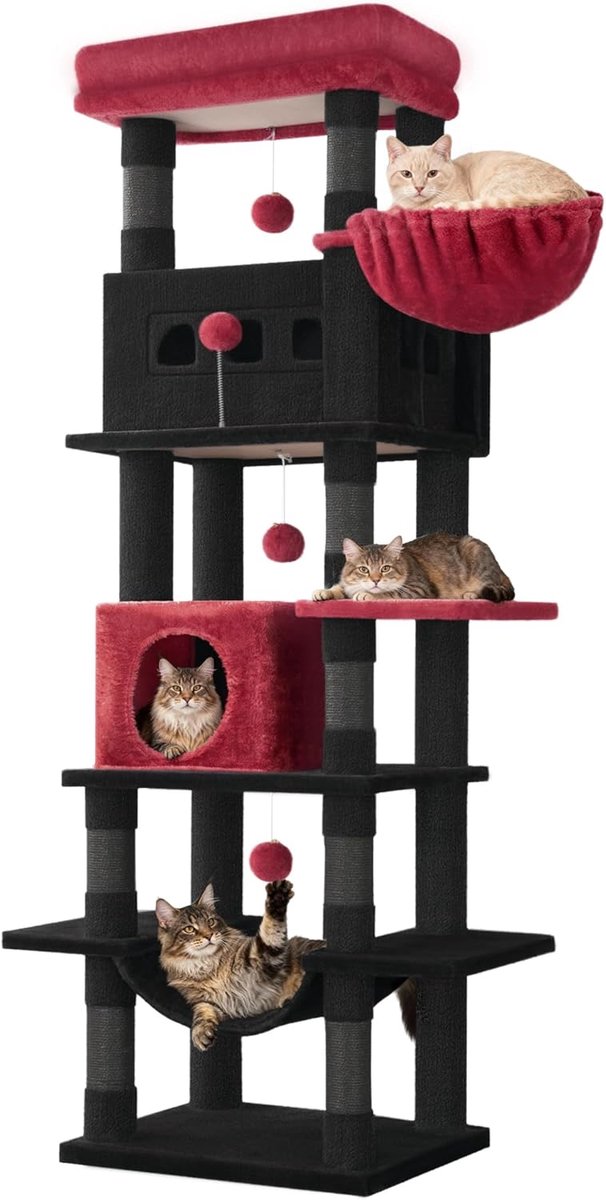 Hzuaneri Krabpaal groot, 170 cm, kattentoren voor maine-kat, grote kat, meerlaagse krabpaal met grote zitstang, wasbare mat, kattenhuismeubel met 2 holletjes, 8 krabbomen, Zwart Rood