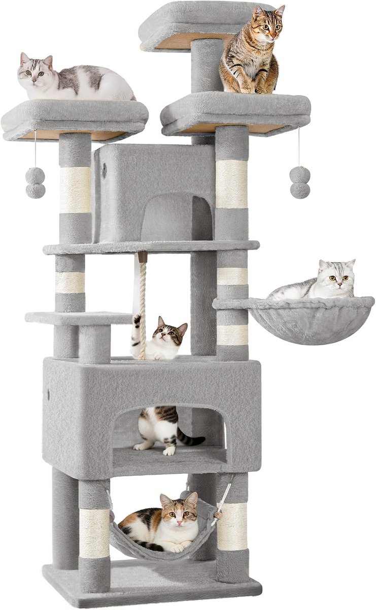 Hzuaneri krabpaal, 156 cm lang, 3 platforms, 2 holen, 7 krabpalen, hangmat, pluche ballen, krabpaal voor huishoudens met meerdere katten, lichtgrijs