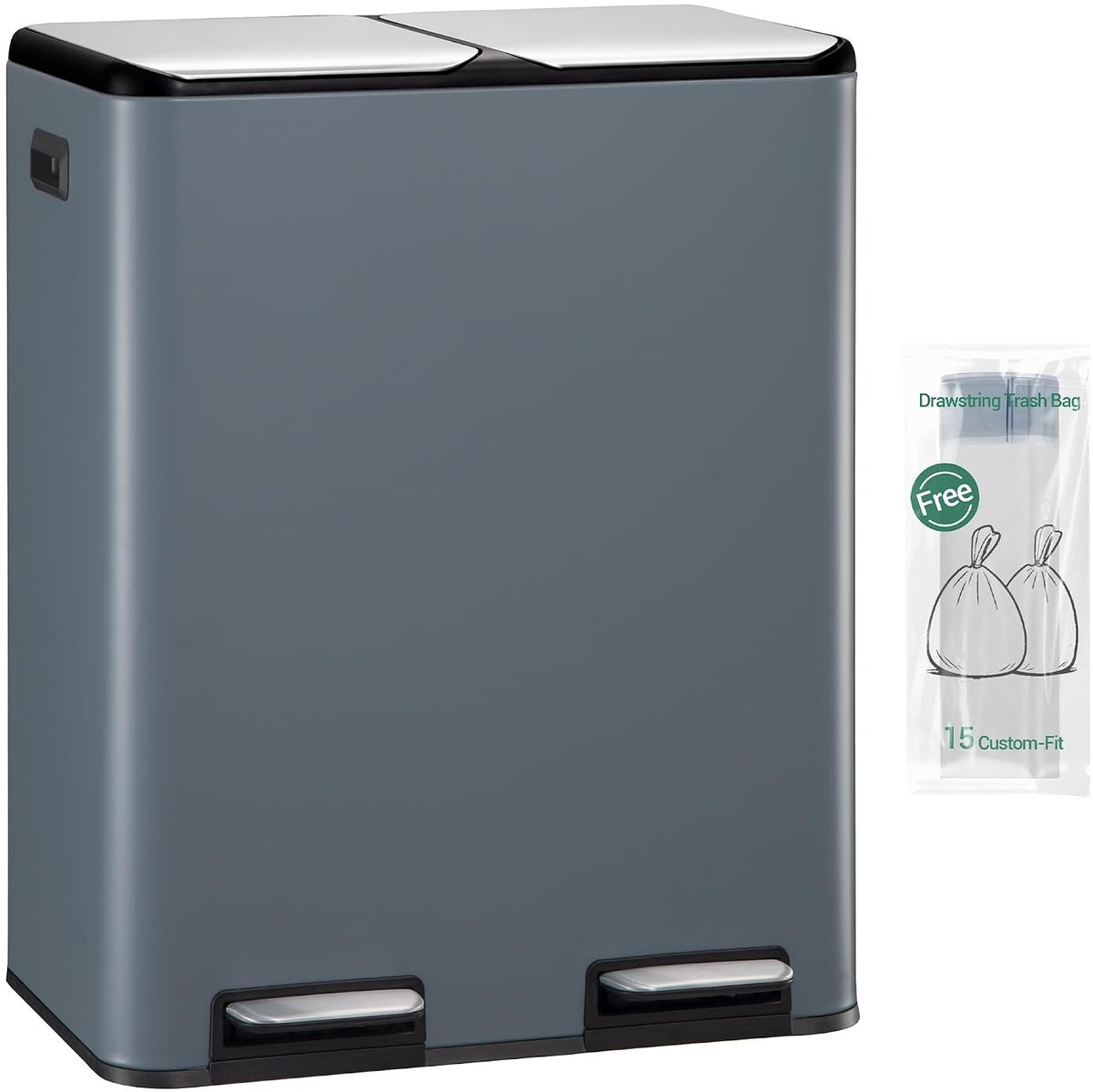 Hzuaneri Keukenafvalbak, 2 x 30 l, Afvalscheidingsbak met 2 vakken (totaal 60 l), Roestvrijstalen pedaalemmer met soft-close deksel, Inclusief 15 speciale afvalzakken, Grijs