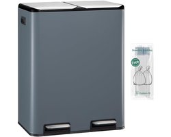 HILINSIE Keukenafvalbak, 2 x 30 l, Afvalscheidingsbak met 2 vakken (totaal 60 l), Roestvrijstalen pedaalemmer met soft-close deksel, Inclusief 15 speciale afvalzakken, Grijs