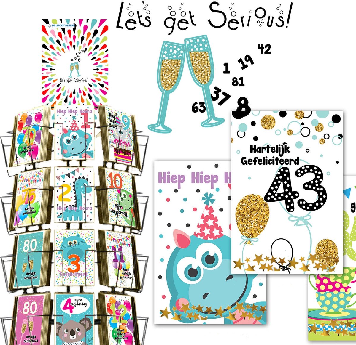 Let's get Serious 11x17cm complete serie inclusief display in bruikleen, topkaart en backcards