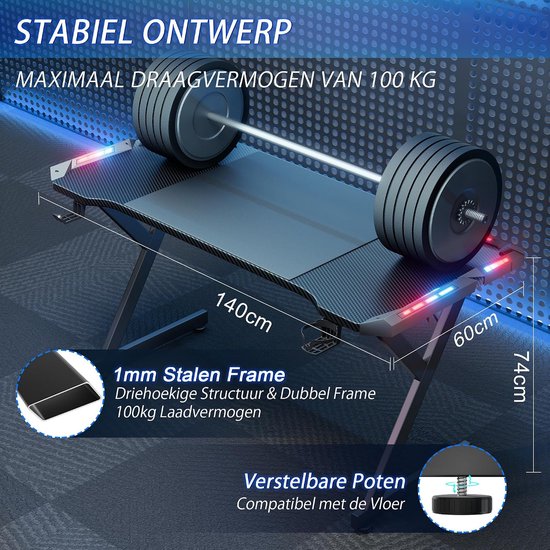 Gaming Bureau - PC Tafel - Studeren Spelen Werken - Met LED Verlichting - 140 x 60 cm - Zwart — afbeelding 2