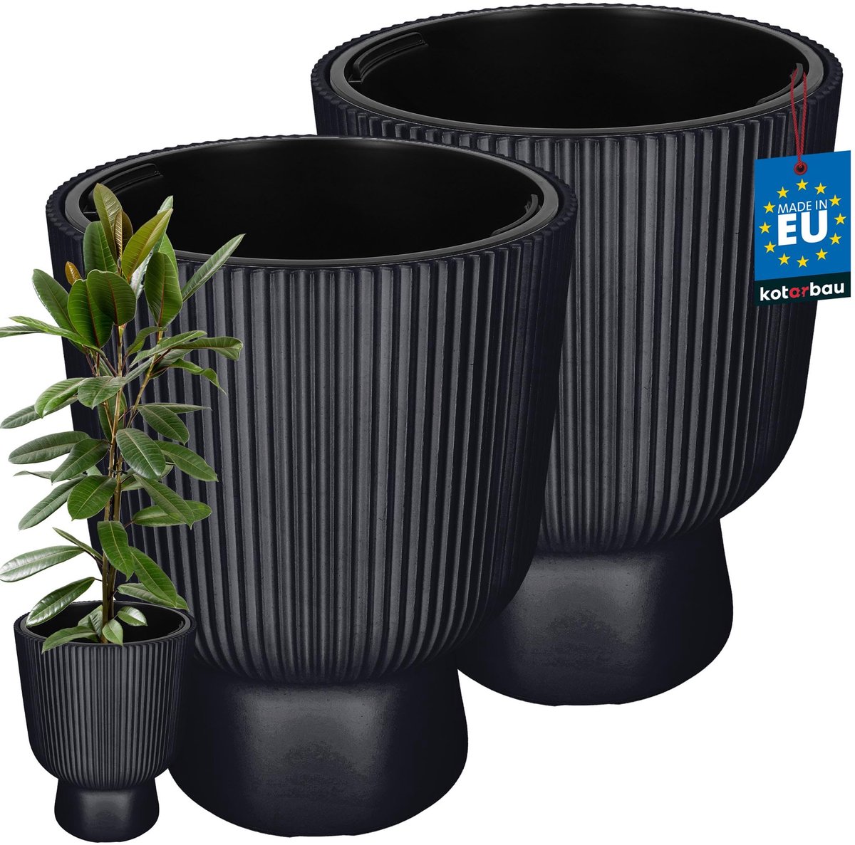 KOTARBAU® 2 Stuks - Bloempot - Plantenpot Ø 39 cm - met Binnenpot - Geribbelde Plantenbak - Plantenpot met Voet - Plantenbak - Kunststof - H: 49 cm - Anthrazit