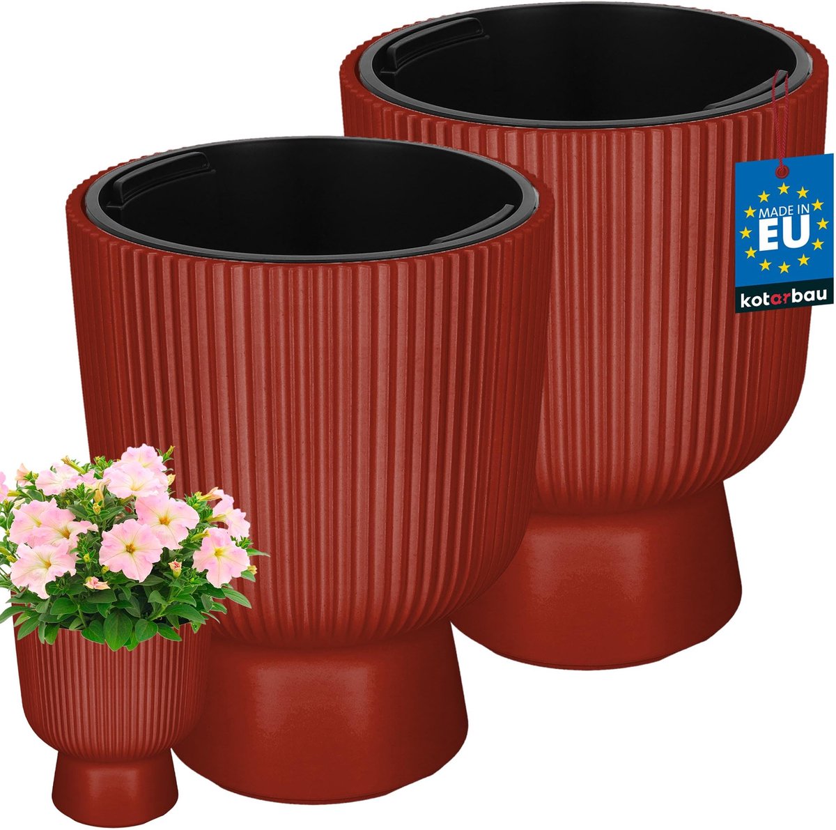 KOTARBAU® 2 Stuks - Bloempot - Plantenpot Ø 23 cm - met Binnenpot - Geribbelde Plantenbak - Plantenpot met Voet - Plantenbak - Kunststof - H: 30 cm - Baksteen