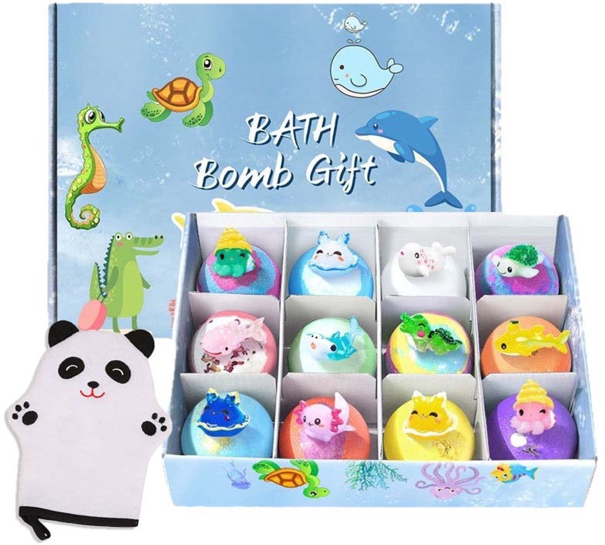 Sogiol® Bruisballen voor Kinderen met Verrassing - 12 Stuks Zeedieren Thema -Inclusief een washandschoen - Natuurlijke Badbommen Set - Bruisbal Cadeauset