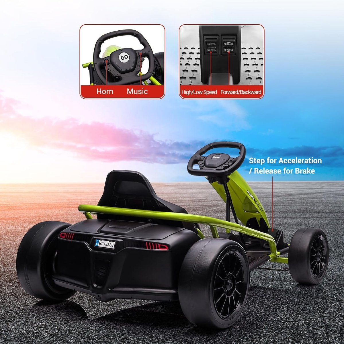 SnelShoppen - Krachtige Driftkart voor Kinderen 8-12 Jaar - 24V, 2x300W Motoren, Muziekfunctie, Softstart, Ruime Zitting, Veiligheidsgordel, Robuust E