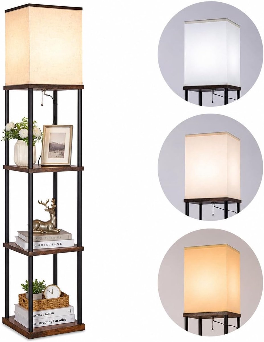 Home & Beyond® Vloerlamp met Houten Planken en Lampenkap - E27 LED-Lamp met 3 Kleurtemperaturen - Vintagebruin - 26 x 26 x 158 cm