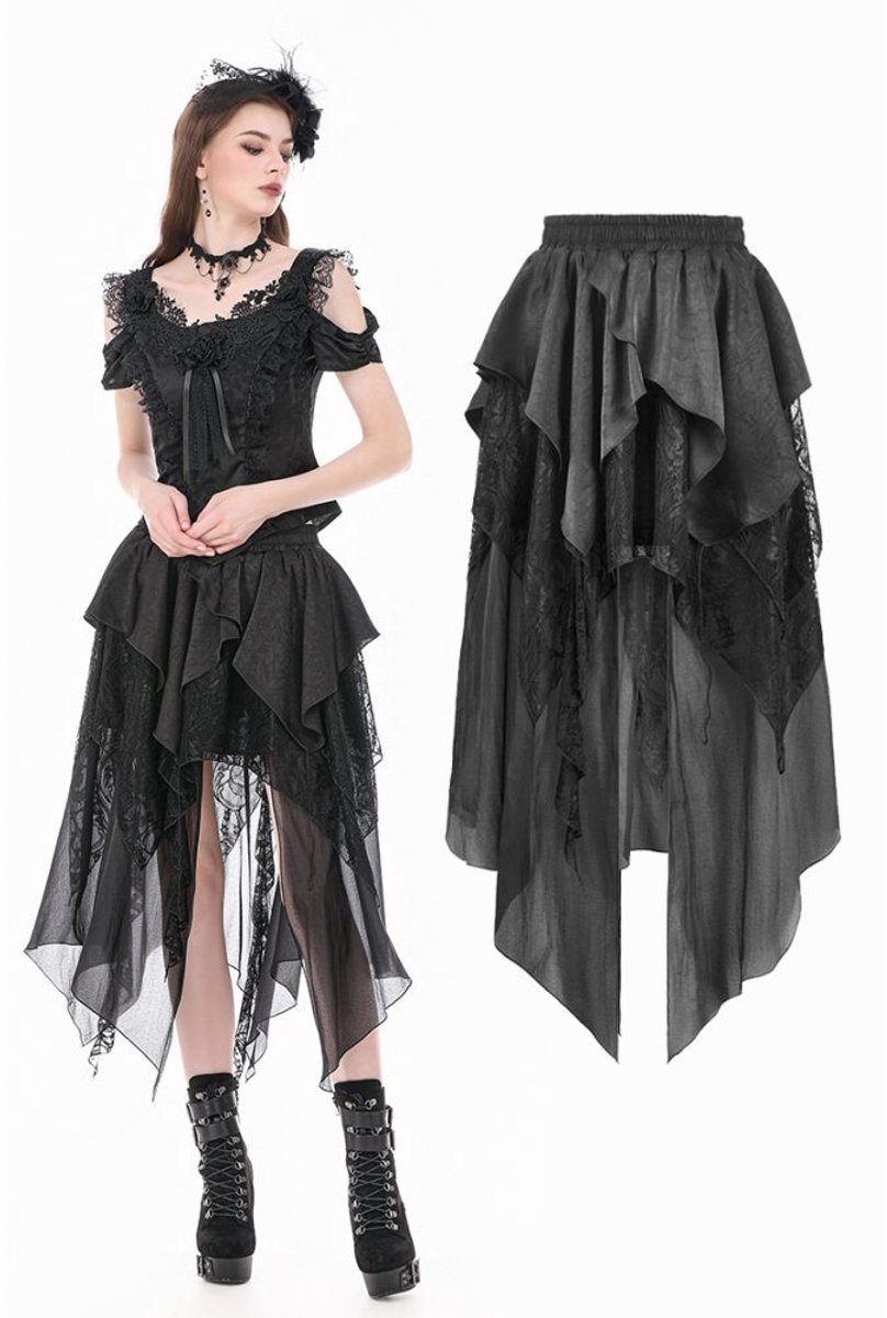 Dark in Love - Ruffled with Jacquard Texture and Irregular Tiered Lace Mesh Lange rok - Zwart
