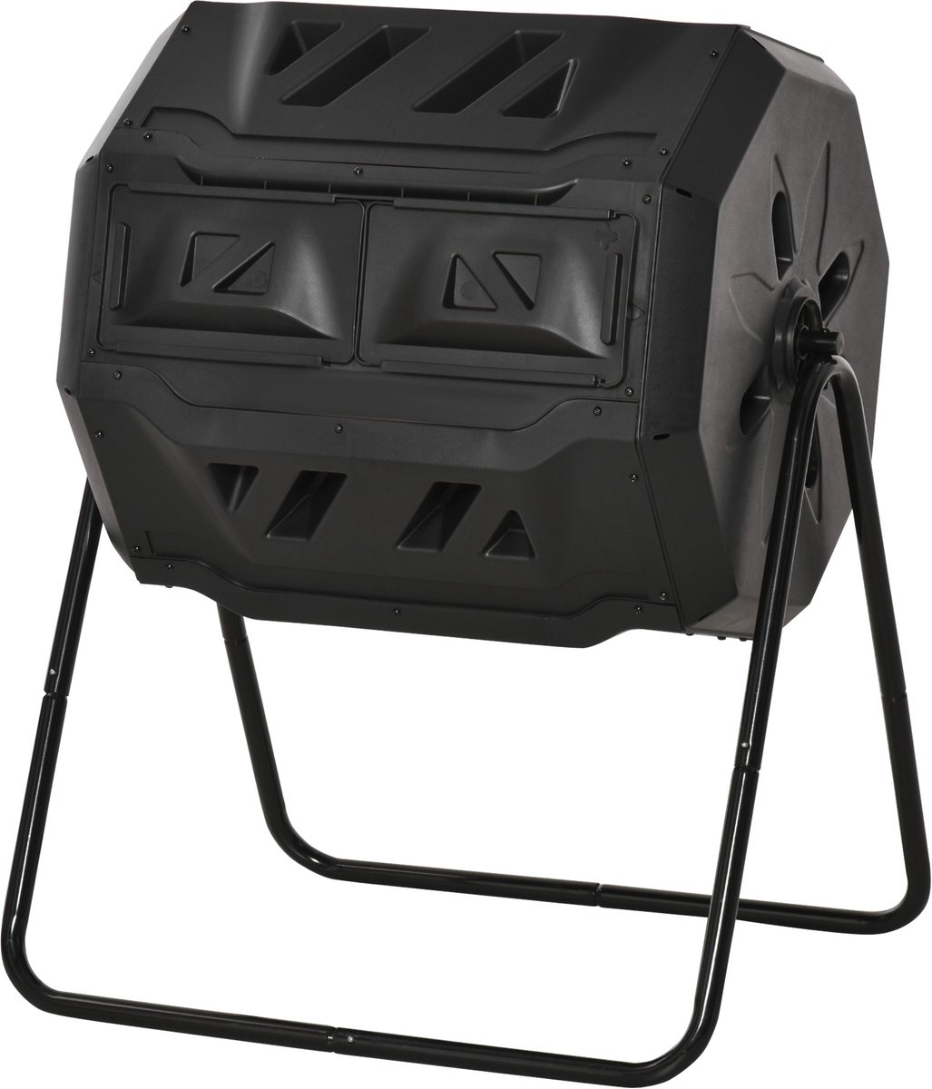 Uincompostbak, compostbak voor afval, 360° draaibaar, dubbele kamer, 160 l, PP-staal, zwart