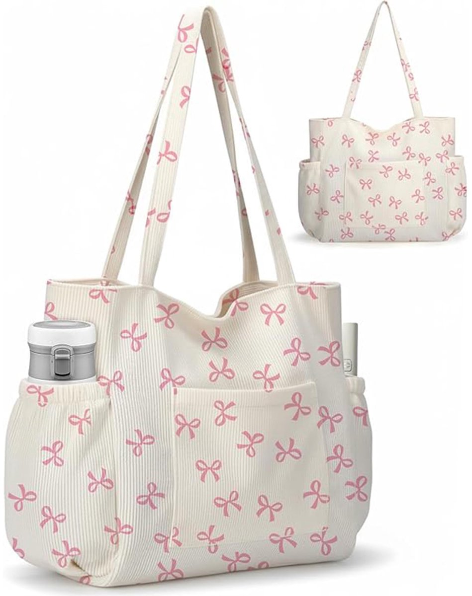 SnelShoppen - Grote corduroy tas dames, stijlvolle schoudertas, herbruikbare canvas shopper met ritssluiting, meerdere vakken voor werk, school, sport