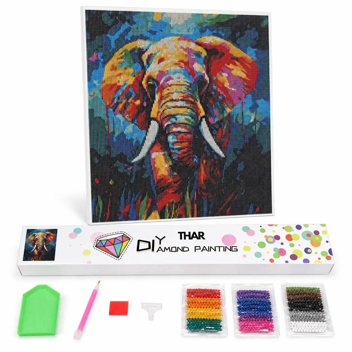 THAR Diamond Painting Kleurrijke Olifant - 40x50 cm - Ronde Steentjes
