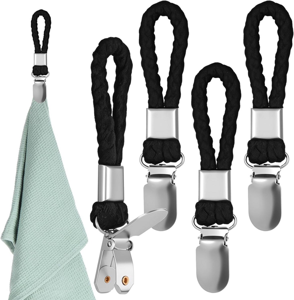 Set van 4 - Handdoekclips - Handdoekhaken - Badhanddoekclips - Badkamerclips - Roestvrij staal - Geschikt voor thuis, badkamer en kastgebruik - Met ophangringen - Handig voor het ophangen van handdoeken of vaatdoeken - 11,5 x 2,3 cm - Zwart