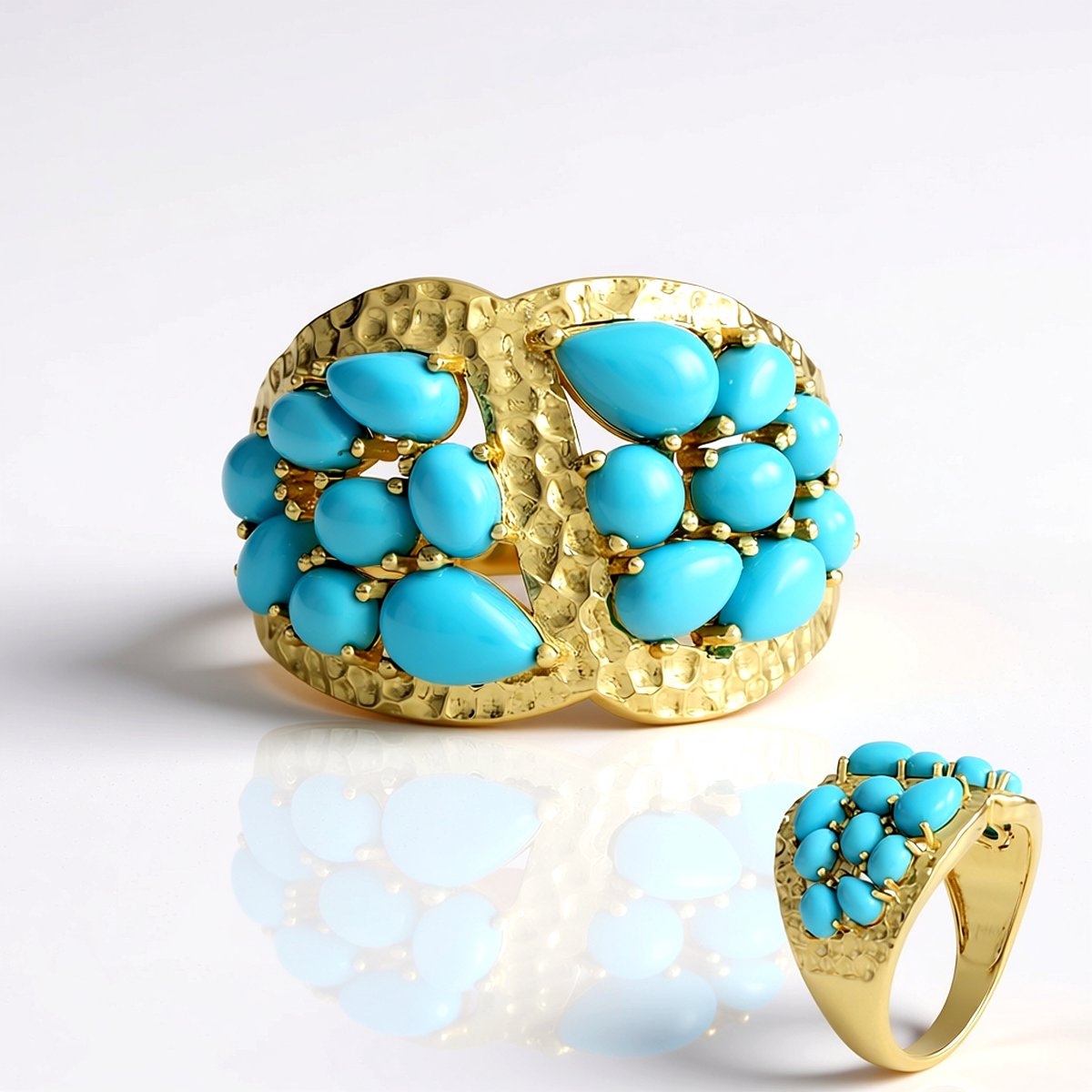 Cavill - Turkoois Ring Vrouw - 925 Sterling Zilver Verguld - Sleeping Beauty Turkooisen 3,49 ct - Peervormige Cabochon - Handgemaakt Elegant Sieraad