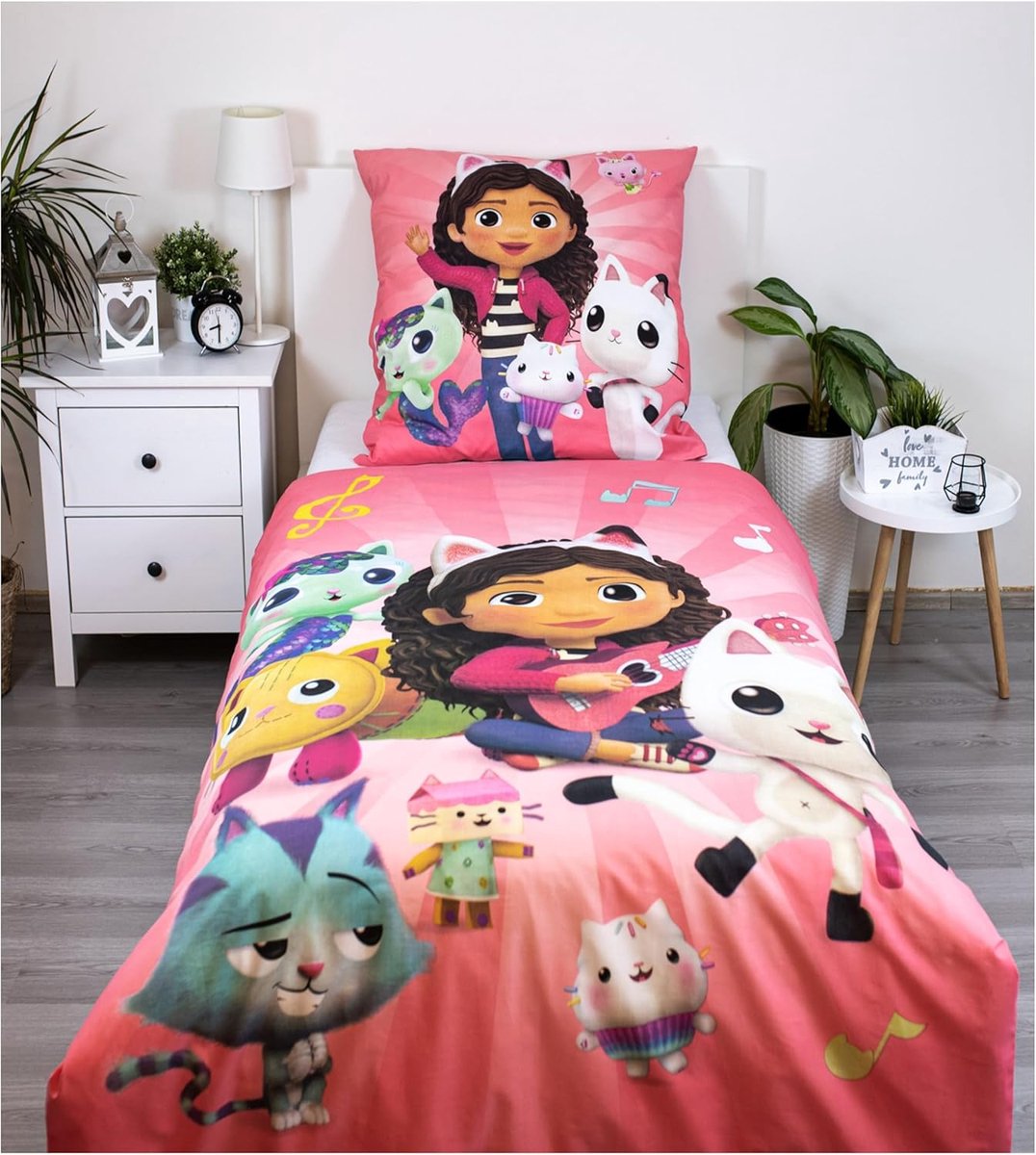 Set 2-delig kinderbeddengoed, dekbedovertrek, omkeerbaar beddengoed, 135 x 200 cm, 80 x 80 cm, katoen, kinderbeddengoed, Öko-Tex-Duitse standaardmaat, Gabbys Dollhouse poppenhuis (Gabby's