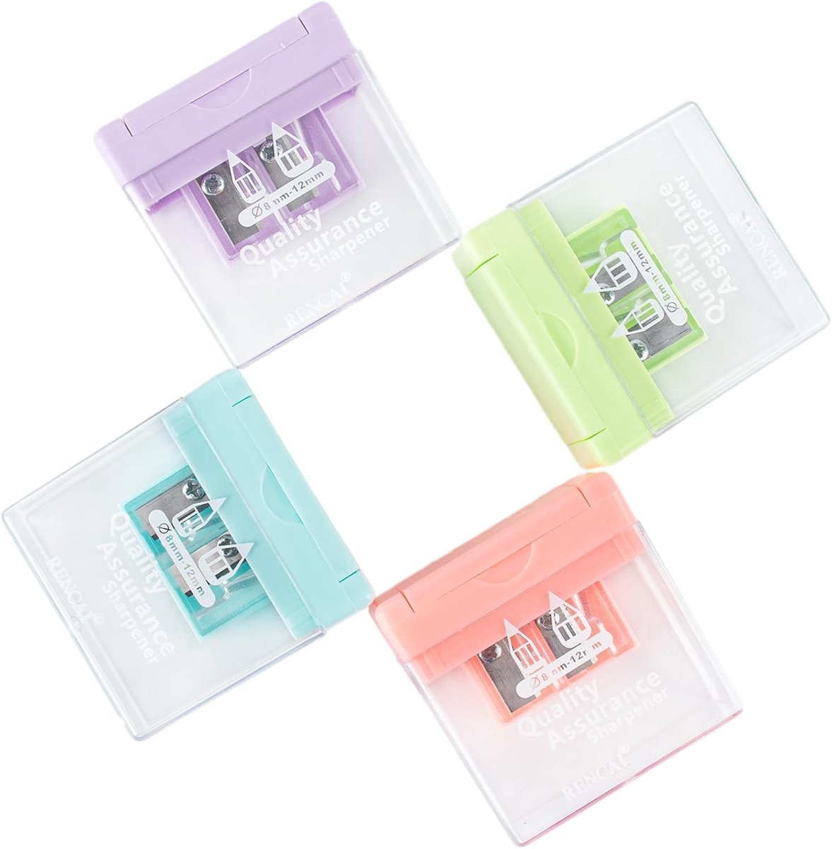 Pencil Sharpener Set van 4 Stuks met Container, Dubbele Opening voor 8mm-12mm Potloden, Handige Slijper voor Kinderen en Volwassenen in Scholen en Huizen