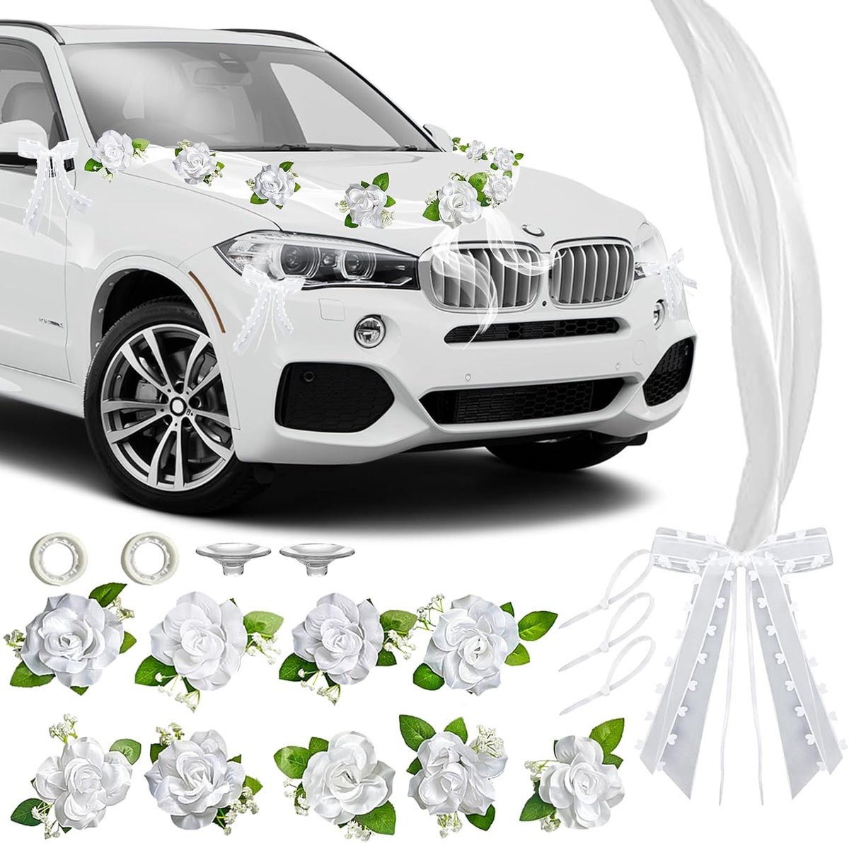 SnelShoppen - Trouwauto Decoratie Rozen Witte Versiering Bruidsparen Trouwdecoratie Auto Motief Bogen Ribbons Tulle 9 Rozen 10 Bogen