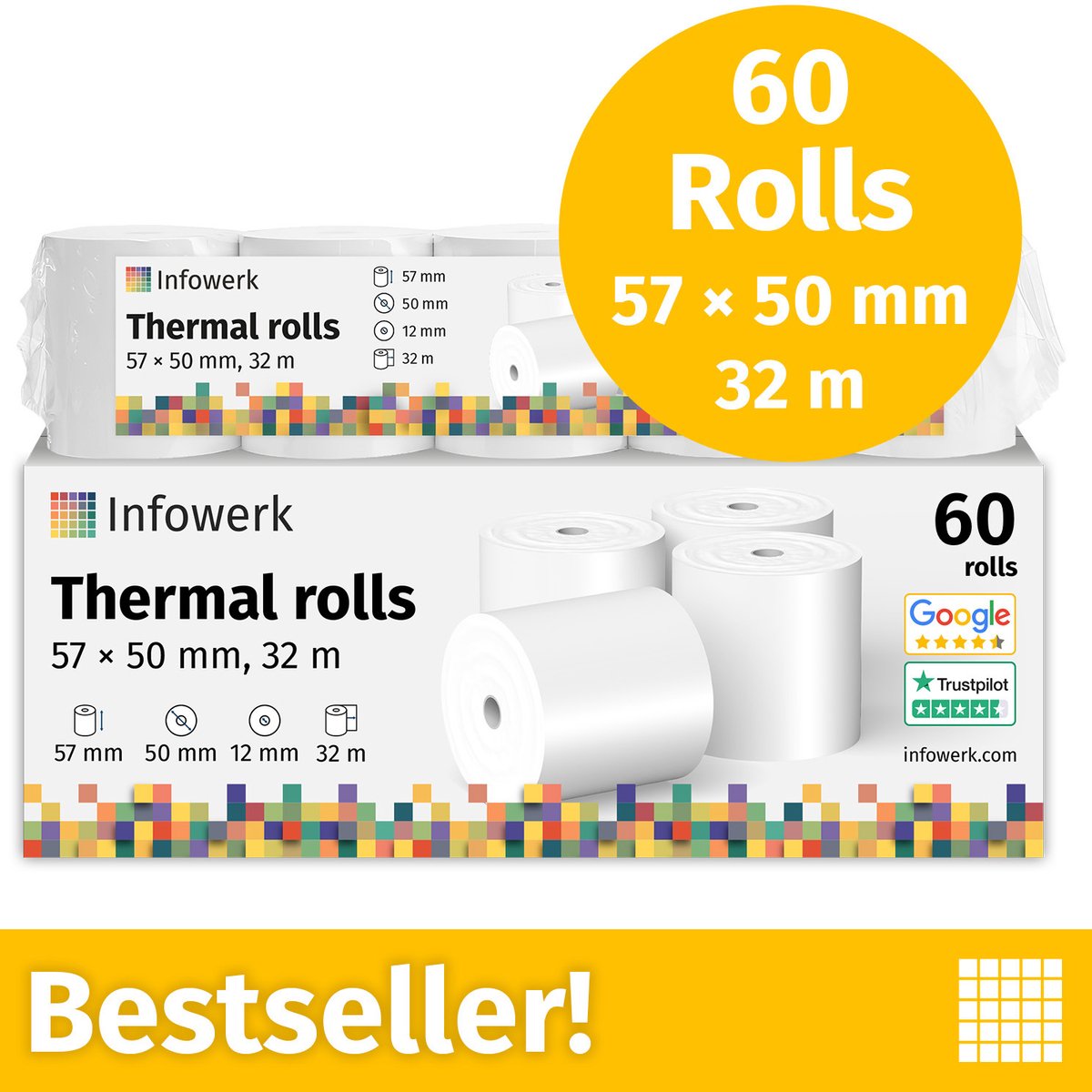 NIEUW: Infowerk Thermische Rollen / Kassarollen, 60 Rollen, 57mm x 50mm x 12mm, 32m, Testwinnaar, PEFC-gecertificeerd, voor EPSON, IBM e.a.