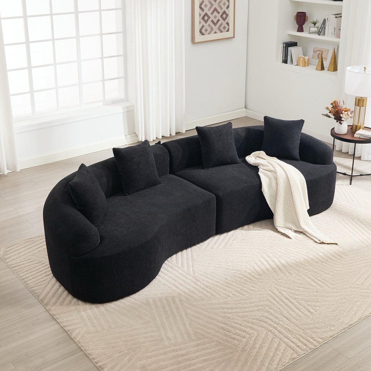 MODENUIT Bank 4-zits - Gebogen Modulair Ontwerp - Voor Woonkamer En Appartement - Chenille - Zwart
