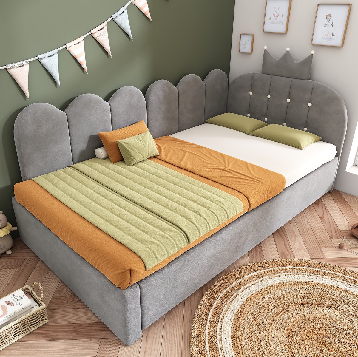REDOM - Bedbank met uitziehbed - Kronen- en gitterdesign - L-vormig - Fluwelen bekleding - Kinderkamer en gastenkamer - Metaal en multiplex - Grijs - 203 x 98 x 95 cm