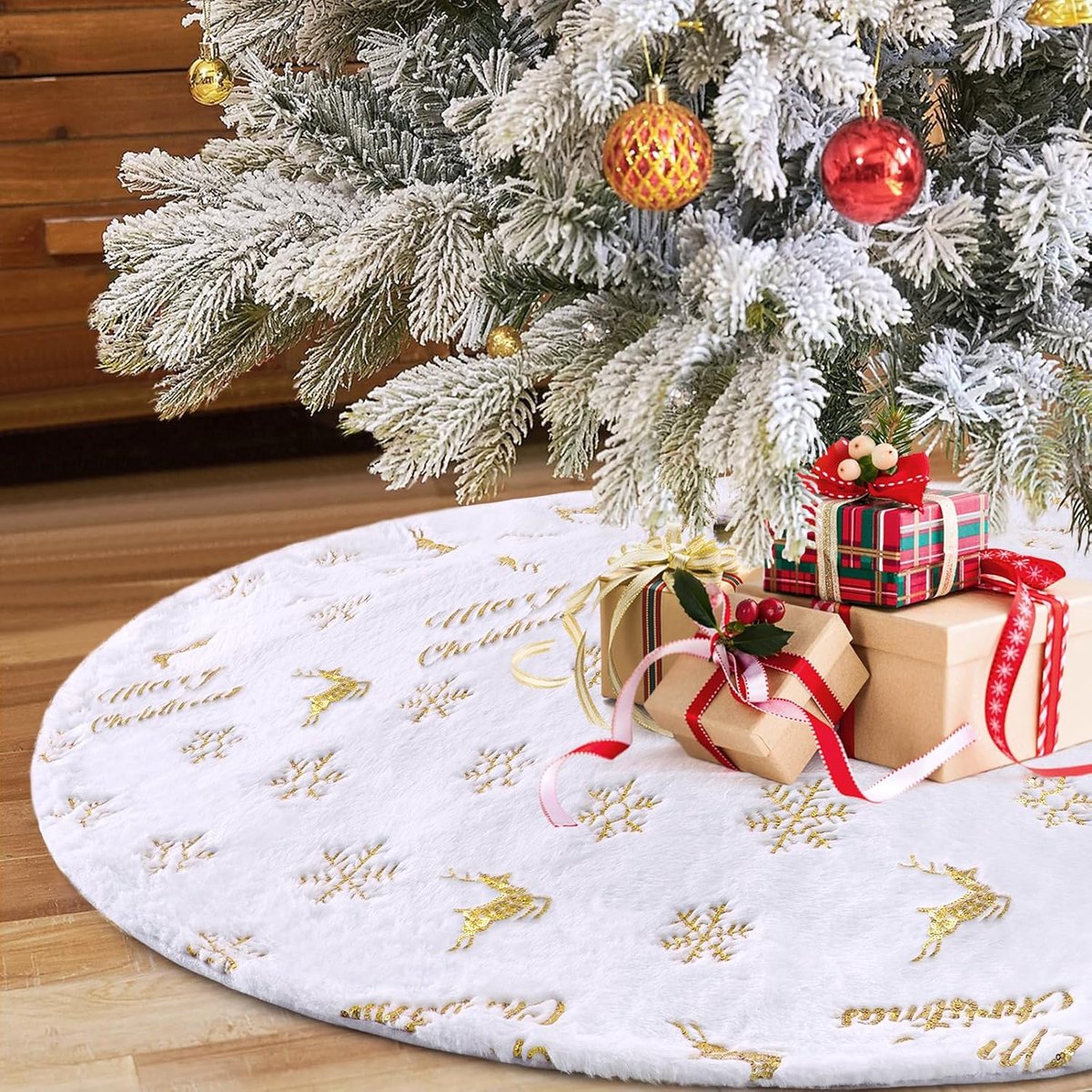 SnelShoppen - Kerstboom Dekentje Rond 120 cm met Gouden Sequins Sneeuwvlokken Witte Pluche Kerstboom Rok voor Feestelijke Kerst Decoratie