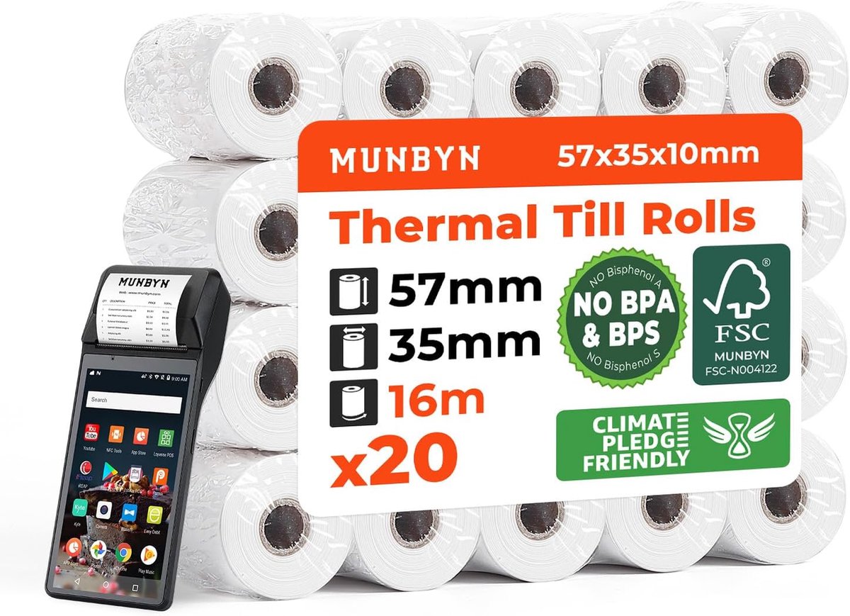 SnelShoppen - Thermal Rollen 57mm x 35mm x 16m, Thermisch Papier voor PDQ, POS, EPOS, BPA/BPS Vrij, 20 Rollen, Extra Lengte