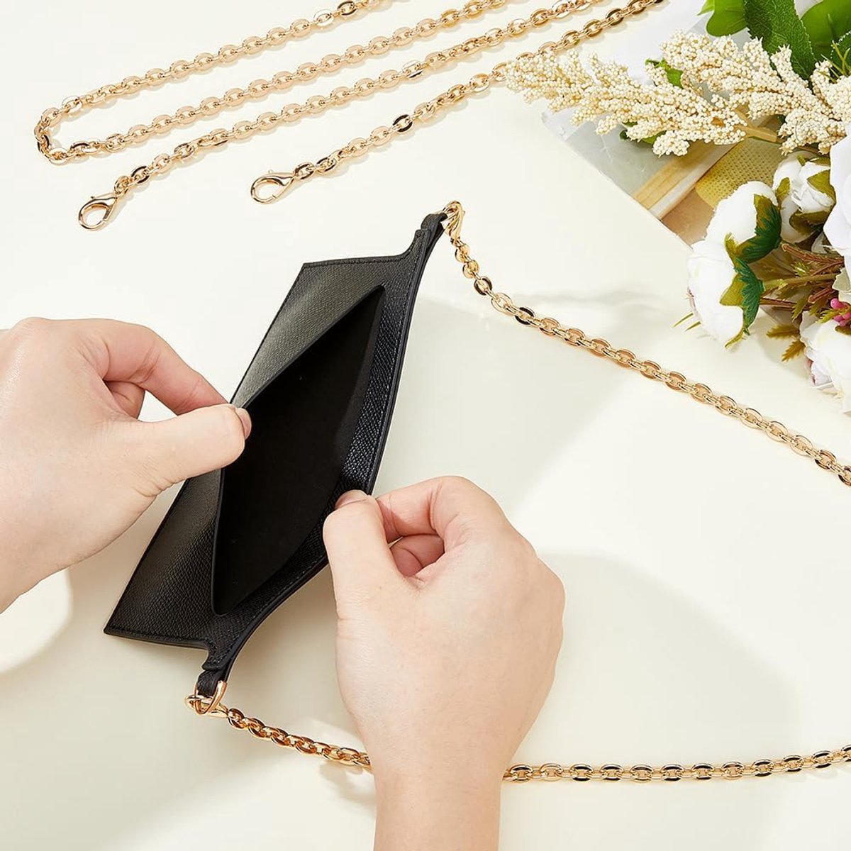 SnelShoppen - PU Leren Handtas Organiser Set met 2 Gouden Kettingen - Stijlvolle Zwarte Schoudertas Inzet voor Handtas - Ideaal voor Feest, Dagelijks